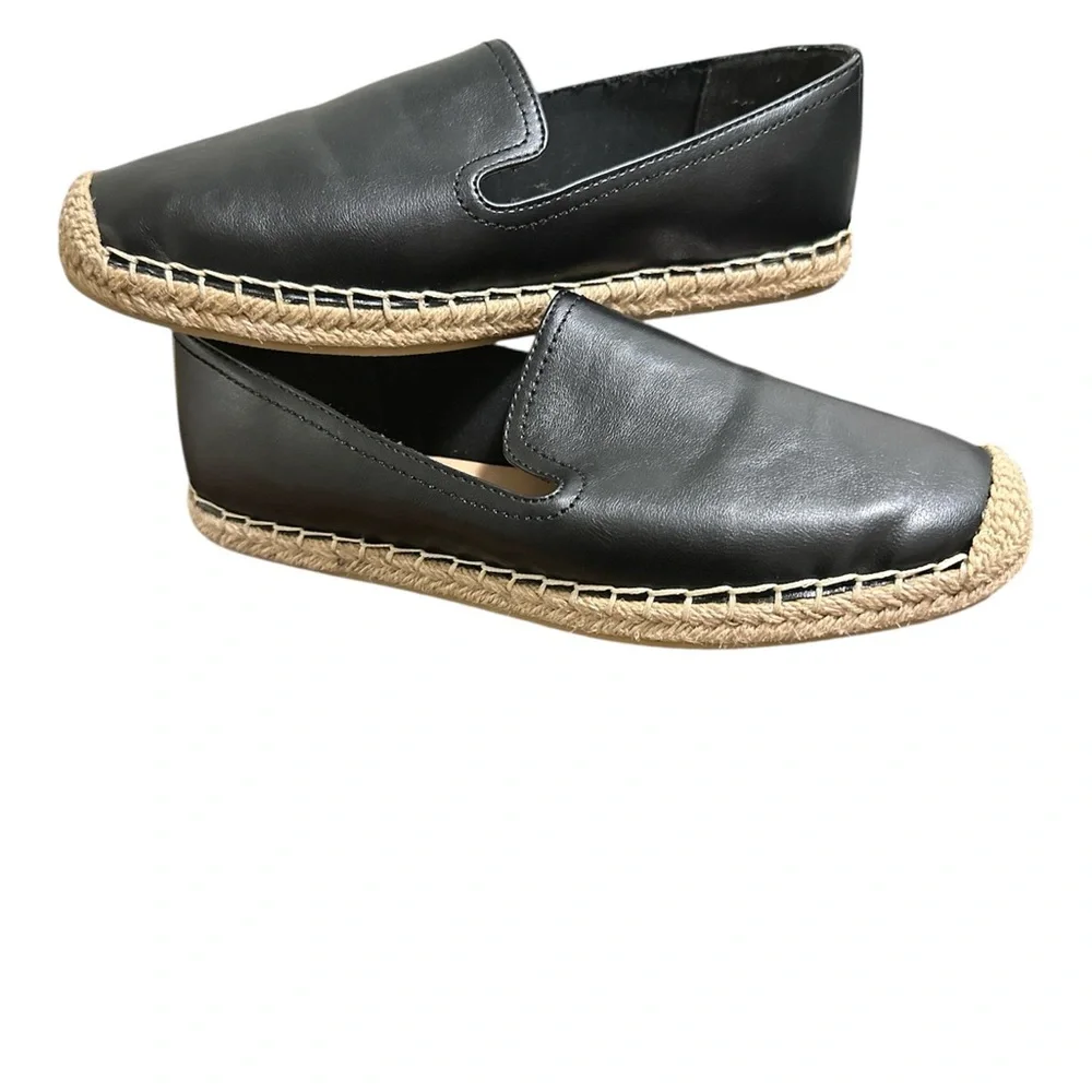 NEW Black Leather flat Espadrille With‎ Jute Toe Cap. Size 6 1/2